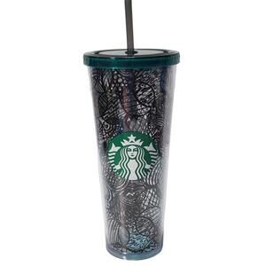 STARBUCKS 2014 Acrylic VENTI 24 Oz Cold Cup Tumbler BLACK CIRCLES LINES WEB
